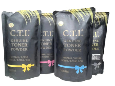 Four black Cti TK2040/1800 pouches from Copier World, each with a colored bow, are compatible with WC7845, DC250, DC550, DC700, and C60 printers. Two 350GM bags make great xerox machine accessories and photocopier spare parts.